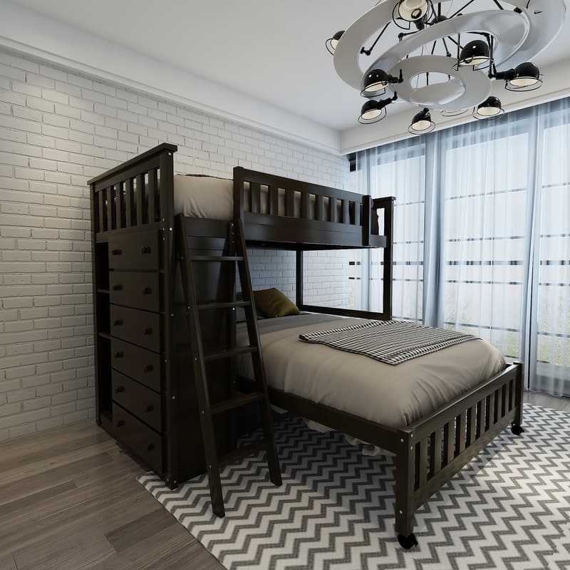 Twin Over Full Bunk Bed with 6 Drawers, Flexible Shelves and GuardRail - Espresso