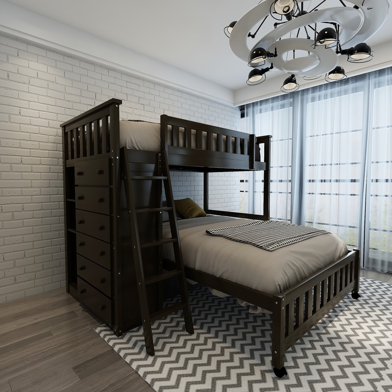 Twin Over Full Bunk Bed with 6 Drawers Flexible Shelves and