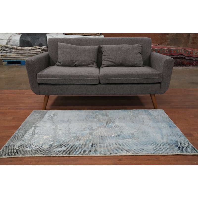Hand Knotted Oriental Viscose Silk Carpet Modern All-Over Navy Blue & Blues Abstract Area Rug - 5' 0'' X 3' 0''