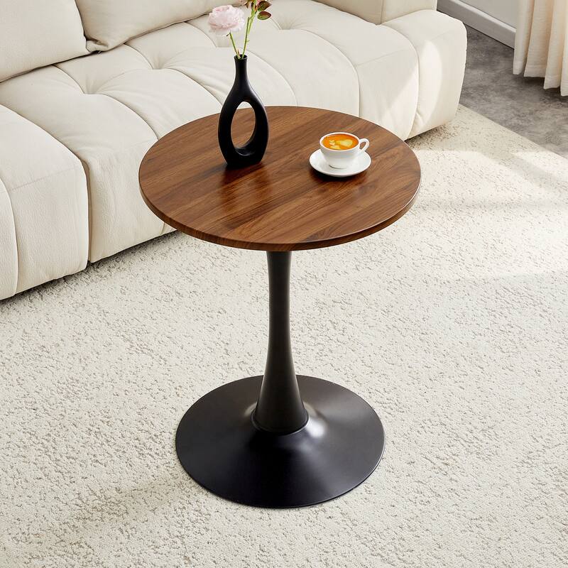 Round Dining Table, 23.6" Circle Tulip Table with Thickened Tabletop & Metal Pedestal, Mid Century Modern Bistro Table - Walnut