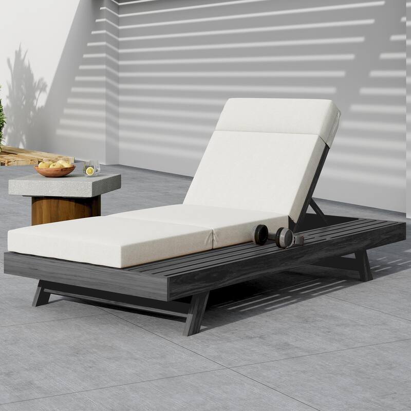 Outdoor Patio Acacia Wood Chaise Lounge Chair with Adjustable Backrest, Side Open Storage and Water-Repellent Cushions - 4" Triple Fold Cream - 1pc Black
