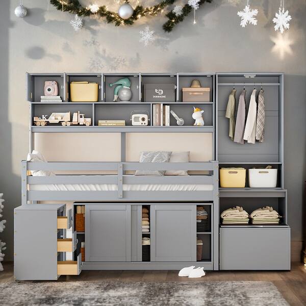slide 2 of 15, Full Size Wooden Loft Bed with Desk, Drawers and Shelves, Grey Grey