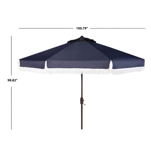 dimension image slide 0 of 5, SAFAVIEH Milan 9ft Round Outdoor Patio Umbrella with Fringe Trim - UV Resistant, Crank Lift & Button Tilt