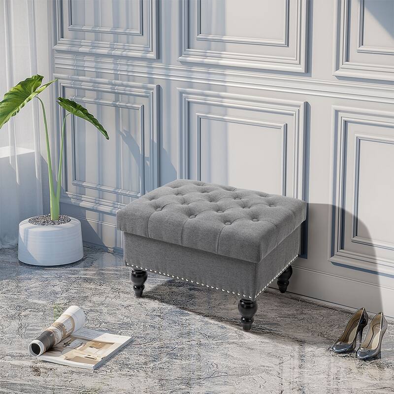 25" Fabric Tufted Storage Ottoman with Removable Wood Legs Grey