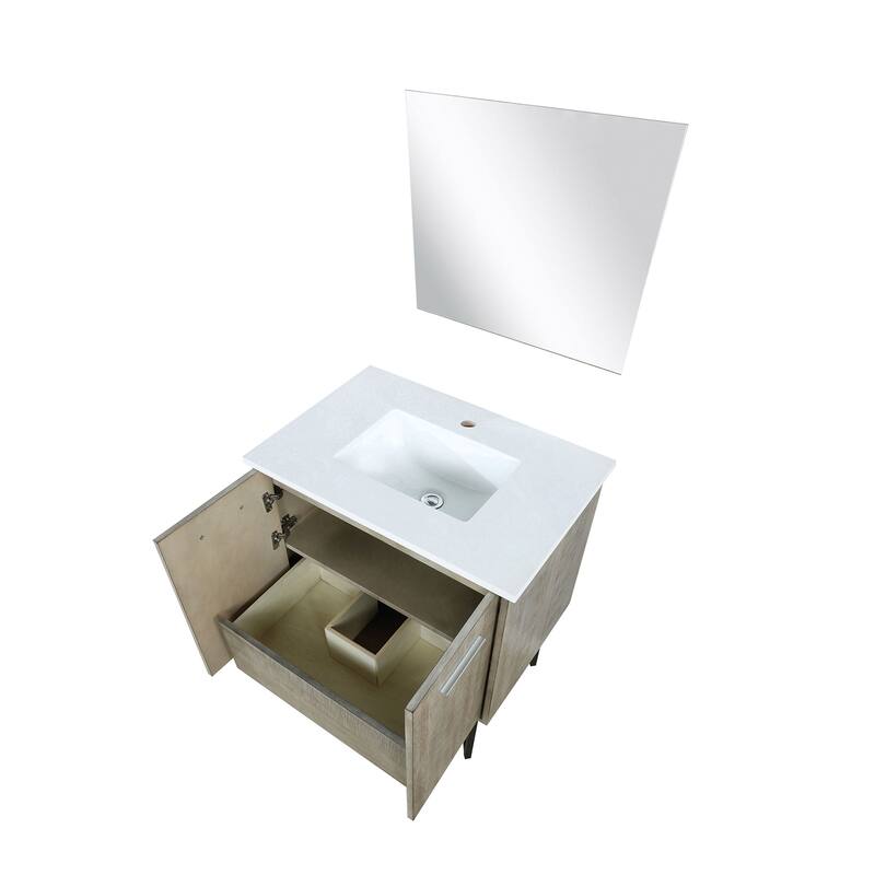 30" Rustic Acacia Bathroom Vanity with Cultured Marble Top, Soft Close Cabinet, 28" Mirror, and Spacious Storage Shelf