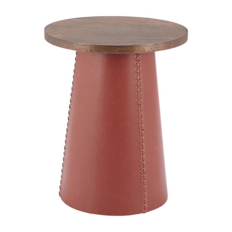 HomeRoots 23" Brown Wood and Faux Leather Round Pedestal End Table - 19.00 in. x 22.60 in. x 19.00 in.