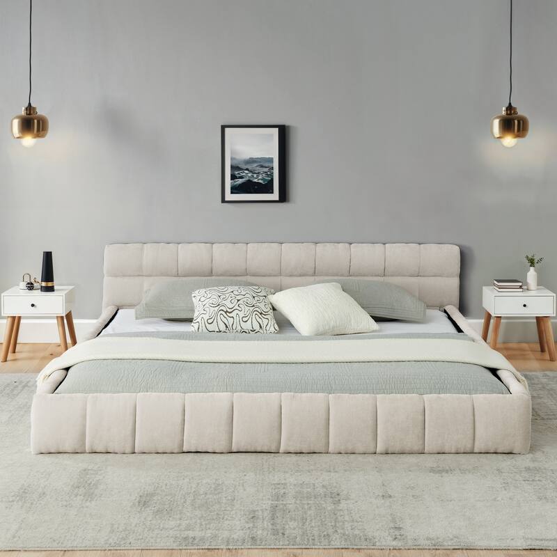 California King Size Chenille Fabric Bed Frame, Upholstered Grounded Platform Bed with Headboard, No Box Spring Needed - Beige - California King