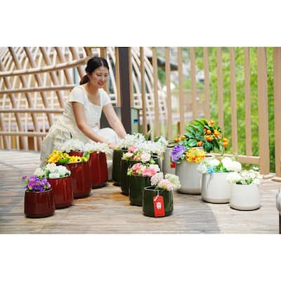 Terracotta Red Ceramic Planter Set of 4 - 13.8" Square Modern Plant Pots with Drainage & Stripes