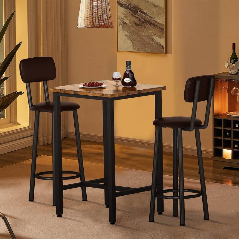 Eureka 3-Piece Modern Industrial Bar Table Set with 2 PU Leather Stools, Counter Height Dining Table Set for Pub, Bistro, Cafe