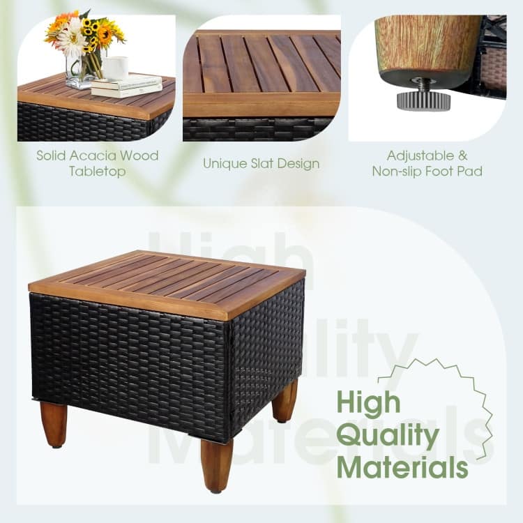 3 Pcs Outdoor Patio Rattan Furniture Set Wooden Table Top Cushioned Sofa - 29" x 27" x 28" (L x W x H)