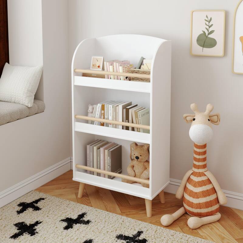 Anmytek White Arched Top Kids Bookshelf Nursery and Playroom Storage with Pine Legs