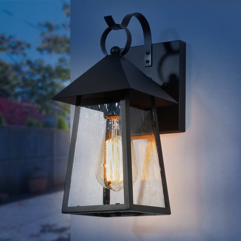 Traditional Coastal Black Lantern Wall Sconce with Seeded Glass shade Modern 1-light Outdoor Wall Light LED Compatible - Black