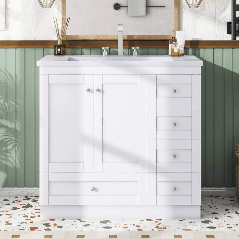 36 inch MDF Freestanding Bathroom Vanity Set with Integrated Resin Sink with Soft Close - White