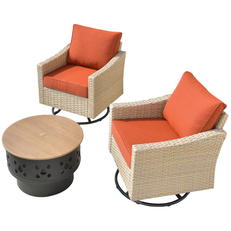 HOOOWOOO Outdoor 3-piece Rattan Wicker Swivel Rocking Chair Set with Wood Burning Fire Pit