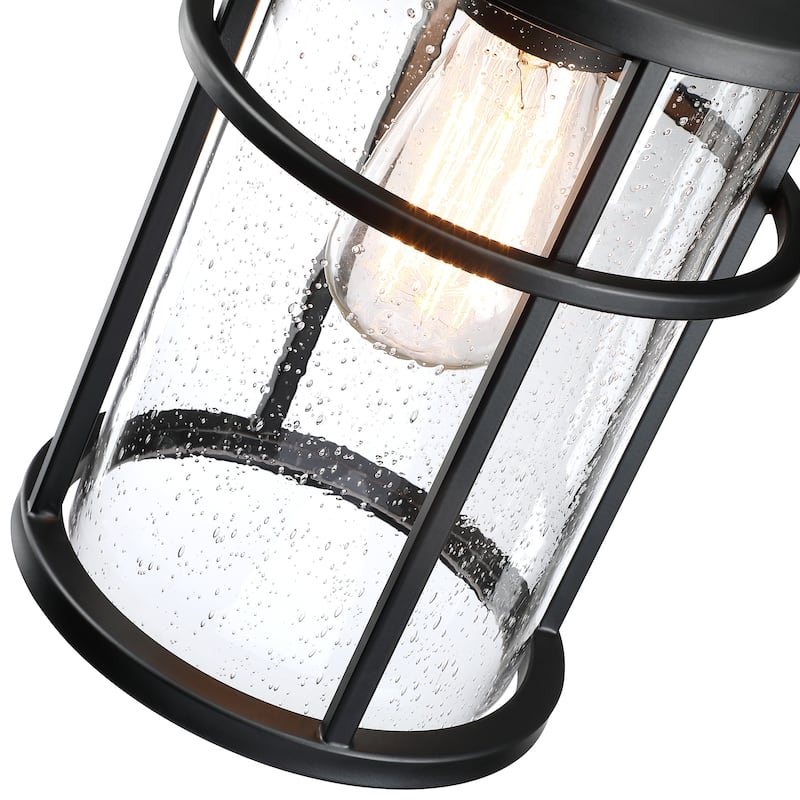 2 Pack 1-Light Black Outdoor Dusk to Dawn Light Cylinder Seeded Glass Shade