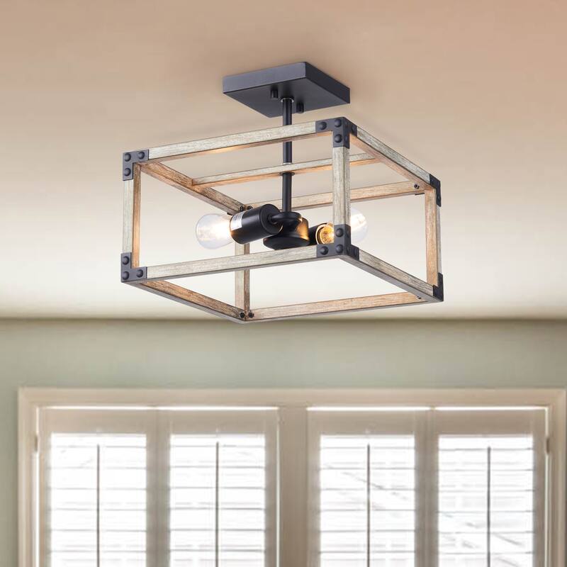 CO-Z Industrial 2-Light Caged Square Semi Flush Mount Ceiling Light - 12.3"x12.3"x11"