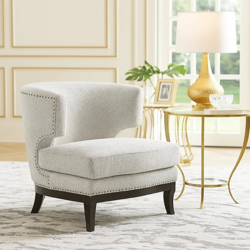 Elly Accent Chair, Barrel Back, Gray Boucle w Nailheads, Brown Wood