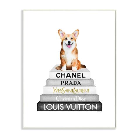 Stupell Industries Smiling Corgi Puppy on Glam Fashion Icon Bookstack Wood Wall Art - Multi-Color