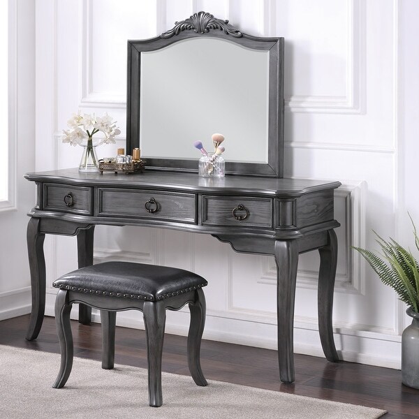 Poundex Furniture Wood Vanity Set with Stool and Mirror in Gray Color