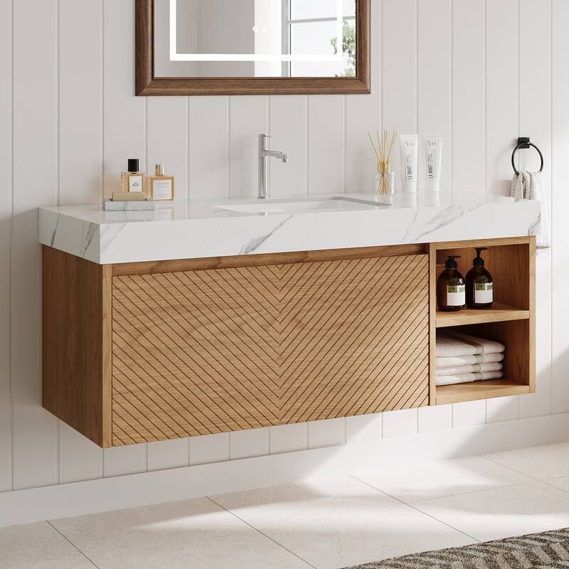 48" Modern Floating Single Bathroom Vanities, Solid Wood, Brown or natural wood, 2 Drawers