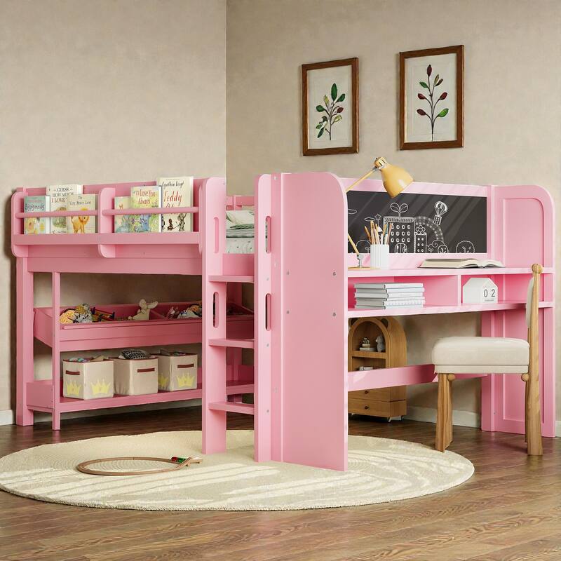 Low Loft Bed with Desk, Storage Bookcases, Drawers & Boxes, Solid Wood Kids Loft Bed with Blackboard Shelf