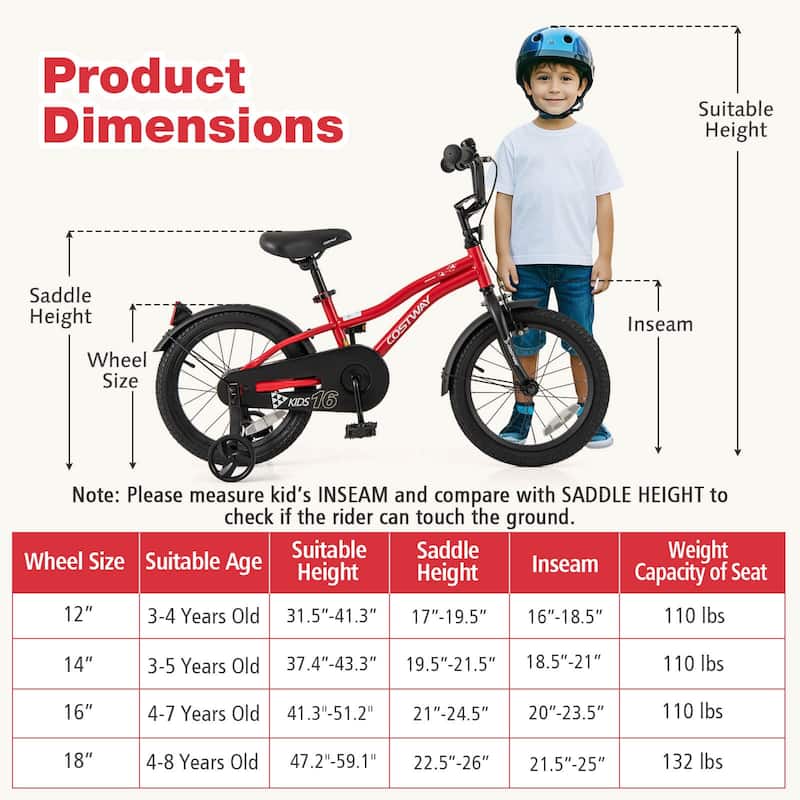 Costway 12"/14"/16"/18" Kids Bike for 3-4 Years Old Boys & Girls with