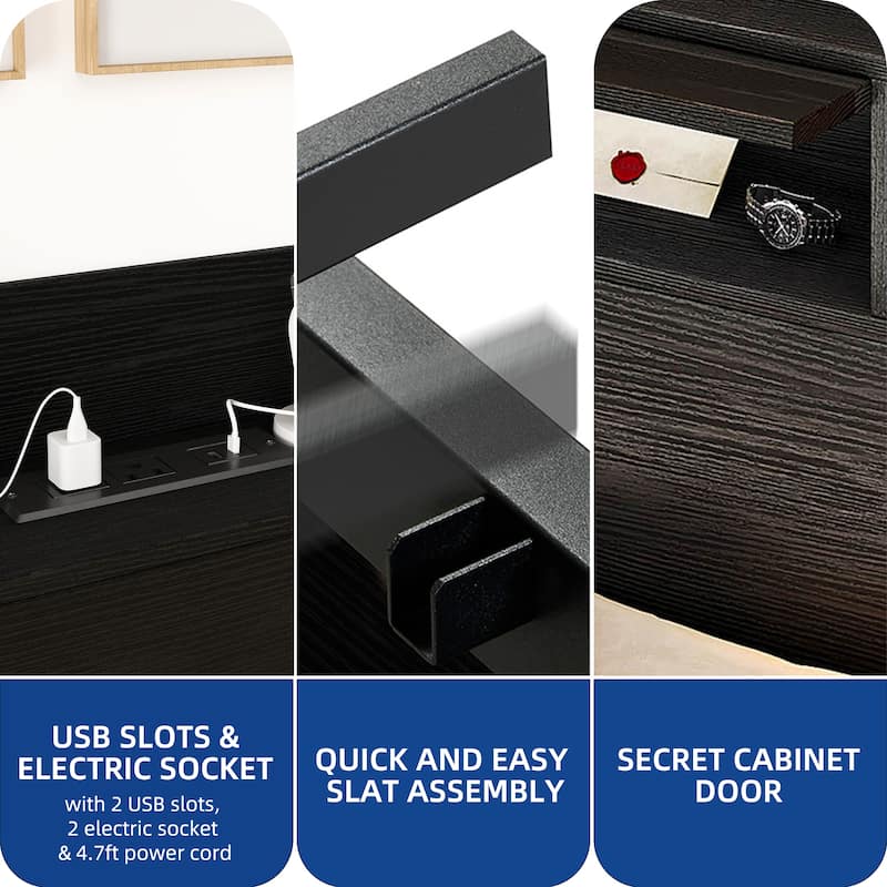 Moasis LED Bed Frame with Bookcase Headboard, 4 Storage Drawers and Type-C USB Charging Station