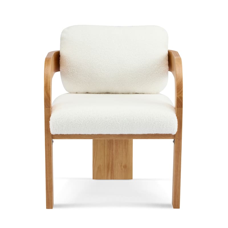 2-Pack Dining Chairs with Pillow Back, White Boucle Fabric, Natural Color Solid Wood Frame