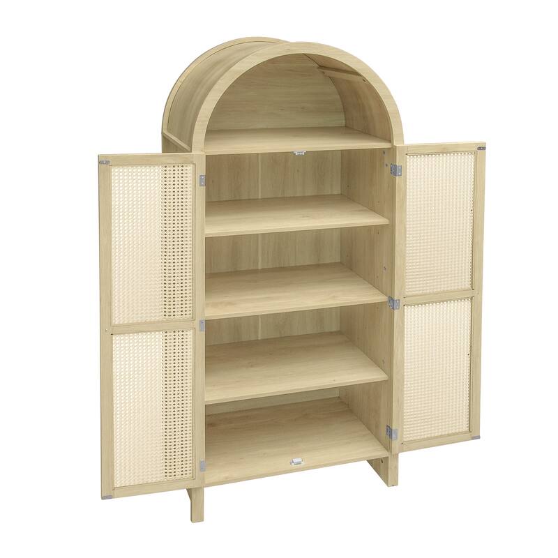 Wooden Arched Kitchen Pantry Cabinet, Storage Cabinet with 2 Rattan Doors, Freestanding Cupboard with 2 Adjustable Shelves