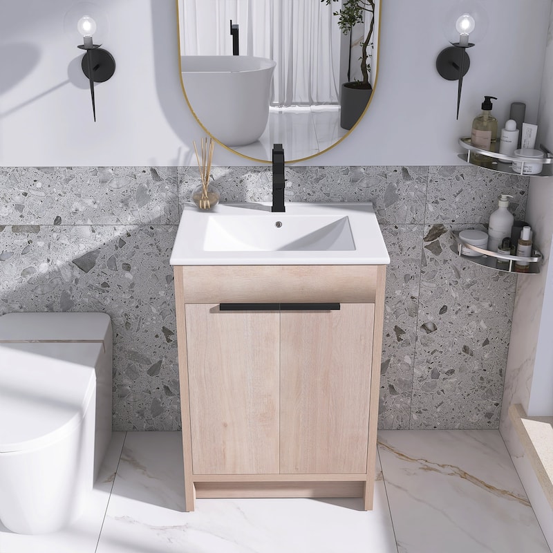 Freestanding Plywood Bathroom Vanity Set in Plain Light Oak with Integrated Sink