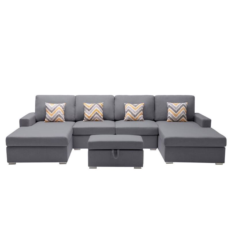Meg Double Chaise U Sectional Sofa with Ottoman, Gray Linen, 124 Inch