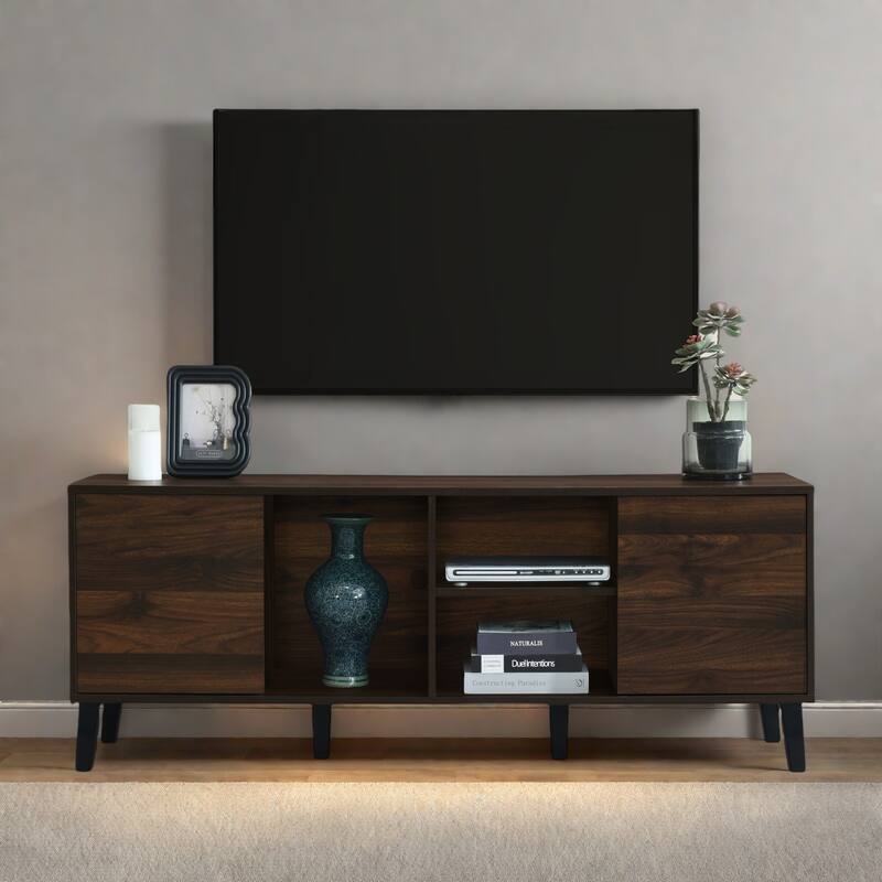 63" Mid-Century TV Stand for 70" TVs - 2 Cabinets and 3 Open Shelves, Console with Easy Assembly - Alabaster,Dark Brown
