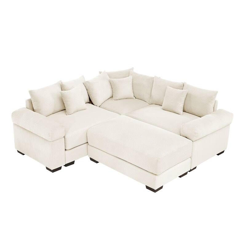 GDFStudio - Corduroy 3-Seater 79.1" Cloud Modular Sectional Couch with Ottoman