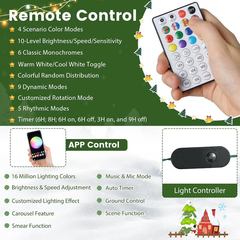 Costway 5/6/7/8 FT Artificial Christmas Tree with 250/370/500/650 RGB - Green - See Details