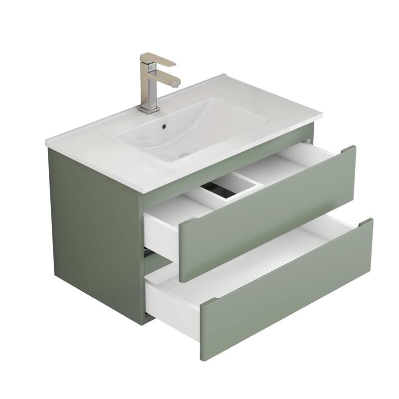32 Inch Floating Bathroom Vanity with One-piece Ceramic Sink, Wall Mounted Cabinet with 2 Drawers