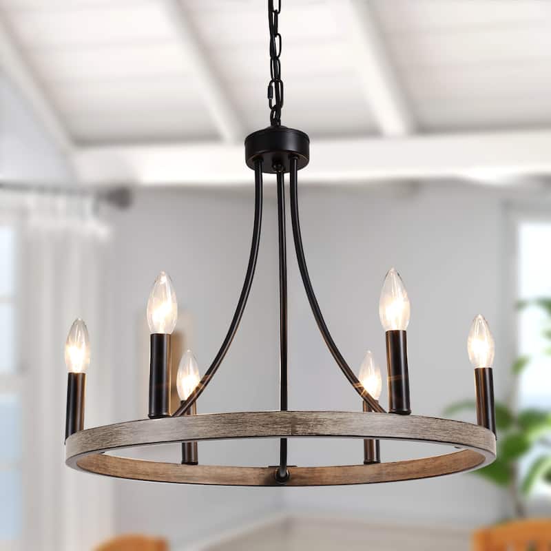 6-Light Farmhouse Chandelier, Modern Wagon Wheel Chandelier for Dining Room Living Room Bedroom Kitchen