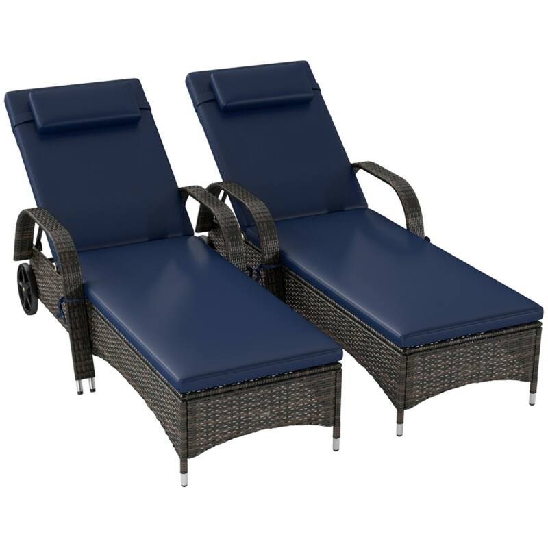 Outdoor Poolside Chaise Lounge Chair Set with Adjustable Backrest Wheels Thick Cushions Steel Rattan Patio Garden Furniture - Mixed Brown, Dark Blue & 2 PC
