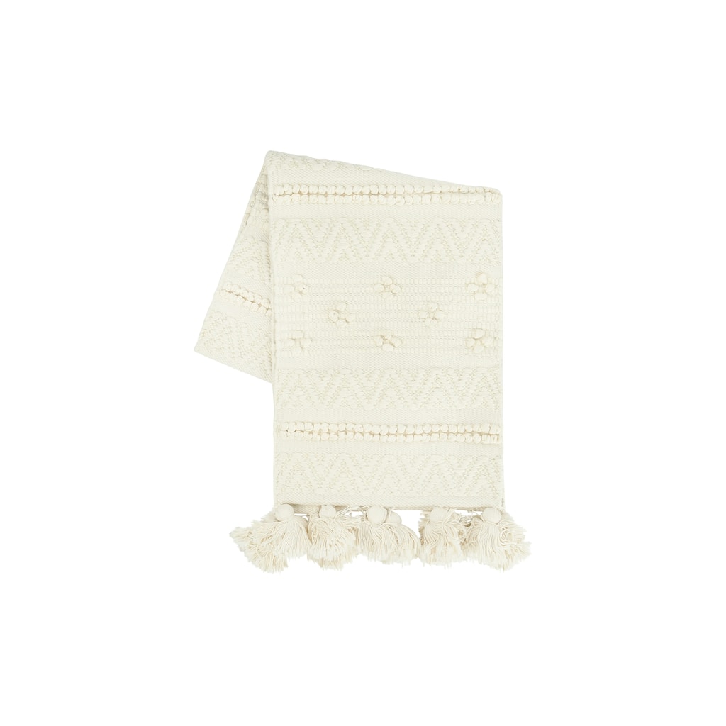 72" Woven Cotton Textured Table Runner with Pom Poms & Tassels