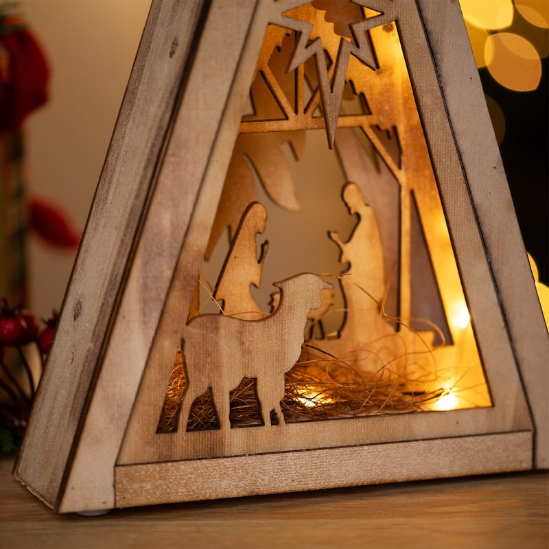 LED Lighted Holy Family Wooden Christmas Nativity Scene - 12"