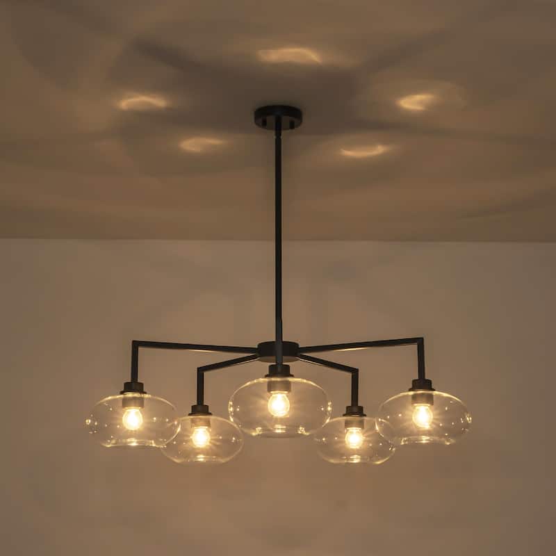 5-Light Modern Black Globe Chandelier Linear Sputnik Clear Glass Bubble Chandelier for Dining Room - 34.65 in. W x 10.24 in. H