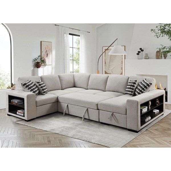 125 Modern U Shaped 7 Seat Sectional Sofa Couch with Cabinet Sofa Bed with Storage Chaise Pull Out Couch Bed for Living Room Beige