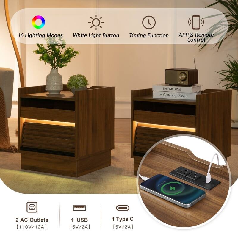 Mid Century Modern Nightstand with Charging Station and LED lights, 2 Drawers for Living Room
