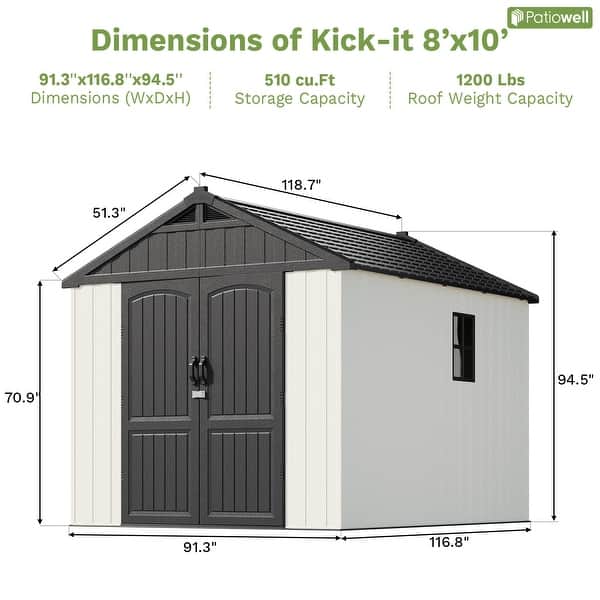 dimension image slide 3 of 10, Patiowell 8' x 6' / 8' x 8' / 8' x 10 '/ 8' x 12' Plastic Outdoor Shed With Floor for Patio Furniture, Tools (Kick-It Shed)