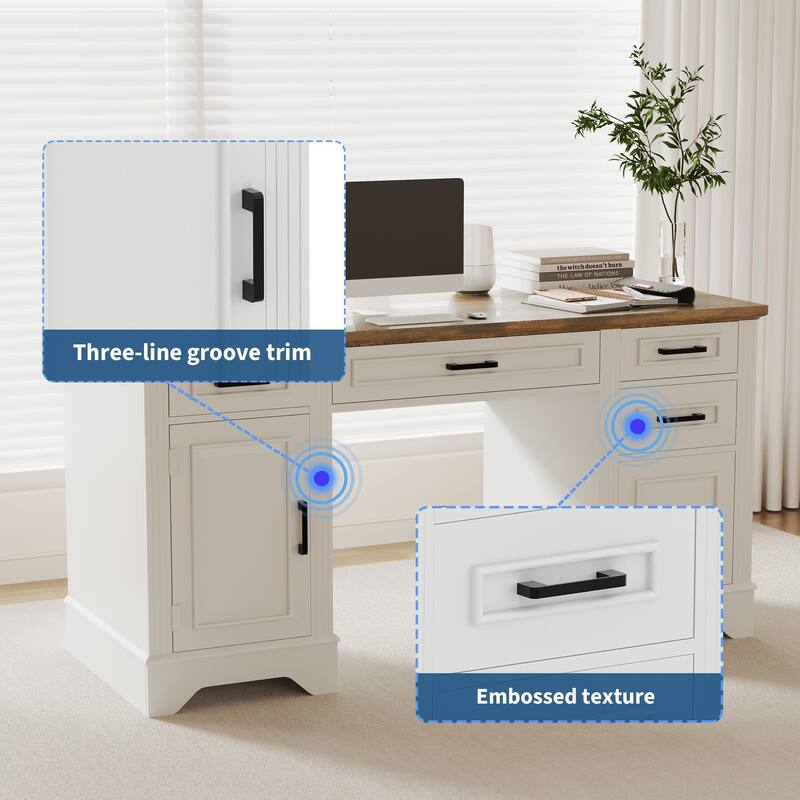 58 Inch Large Home Office Desk, Farmhouse Executive Desk with 5 Drawers & Cabinet, Modern Minimalist Wood Writing Table