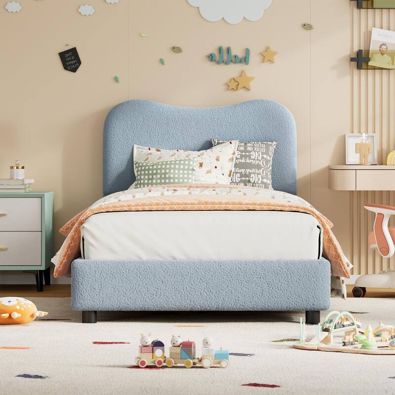 Low Profile Sturdy Platform Bed, with Velvet Upholstered Headboard, Strong Wooden Slats - Blue - Twin