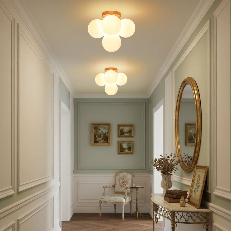 5-Light Modern Gold Frosted Glass Globe Semi-Flush Mount Light - 15 in. diameter × 12.2 in. height