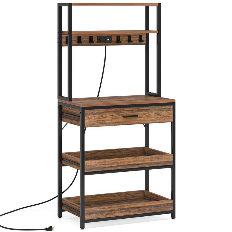 Kitchen Bakers Rack with Power Outlets, High Utility Storage Shelves Microwave Stand with Drawers