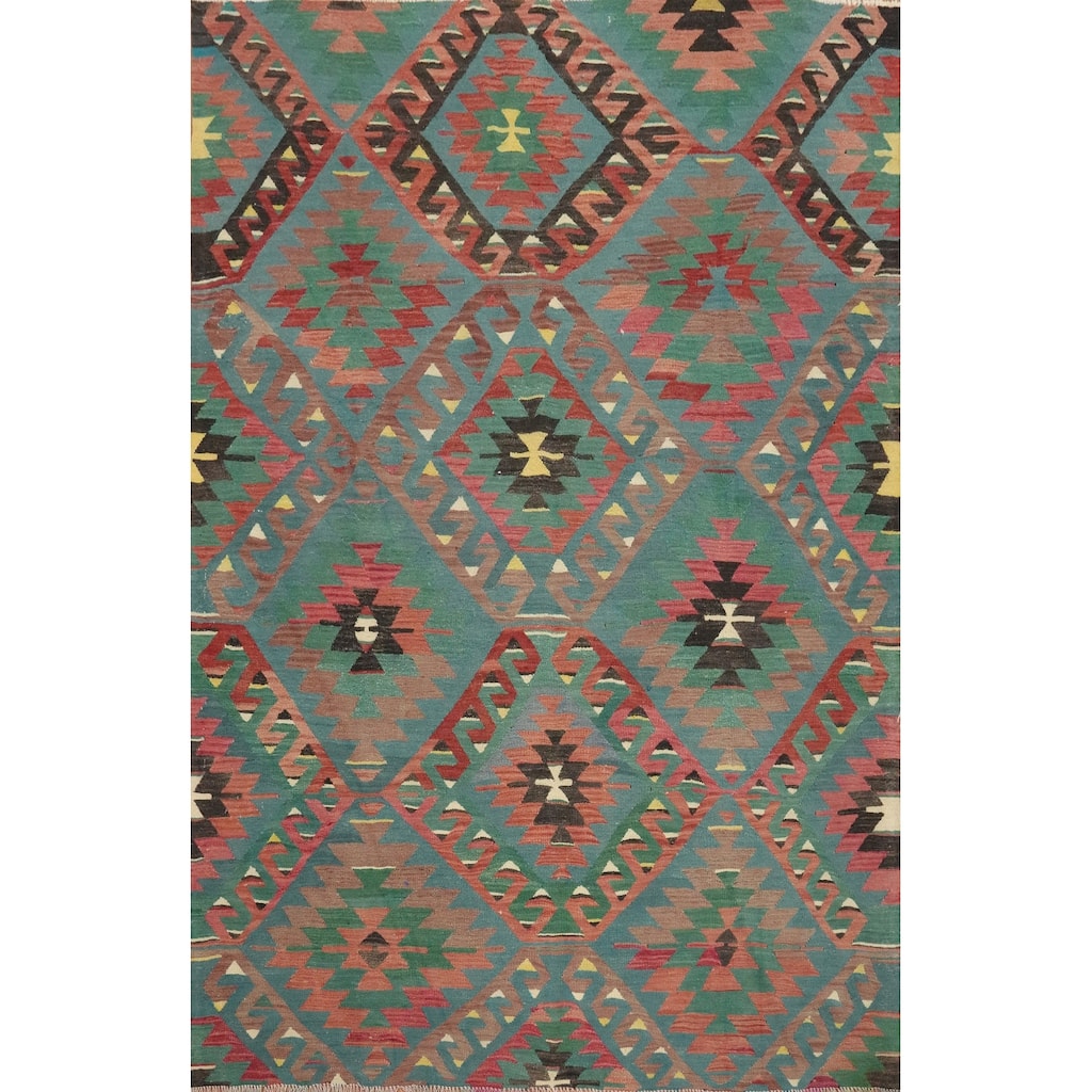 Hand Woven Oriental 100% Wool Carpet Southwestern Tribal Navy Blue & Blues Kilim Area Rug - 7' 3'' X 5' 7''