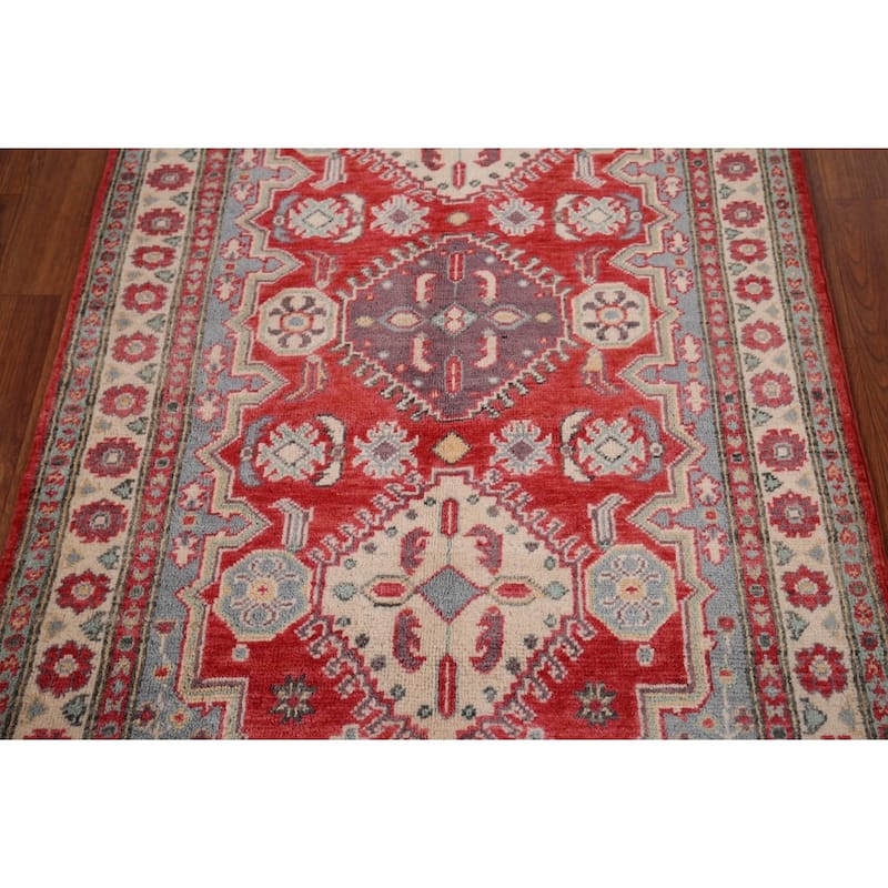 Geometric Red Kazak Accent Rug Hand-Knotted Foyer Wool Carpet - 2'10" x 4'3"