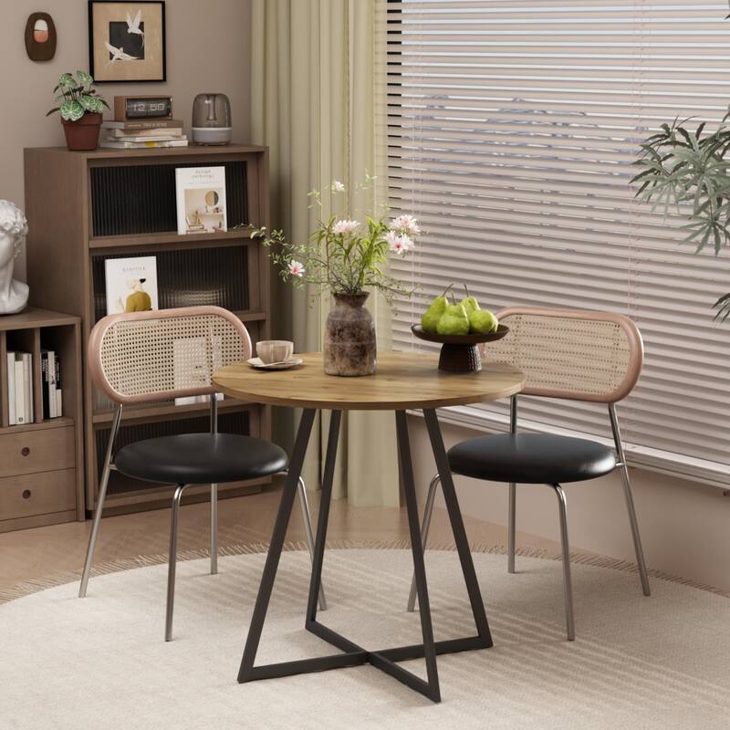 Anmytek Round Dining Table Modern Wood Top and Metal Frame Brown Industrial Kitchen Table